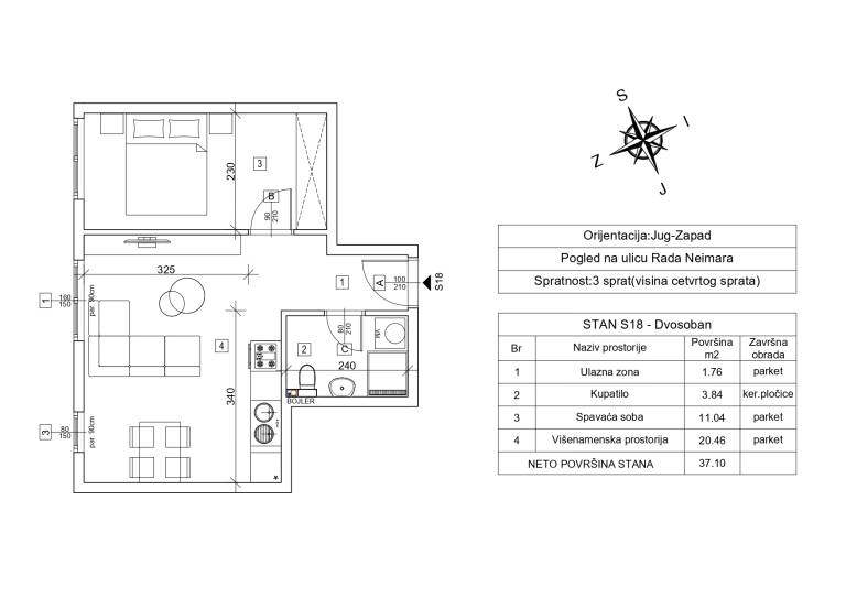 Nacrt stana sa kotama – 37.10 m2 dvosoban, Rada Neimara 29A, Drašković Invest