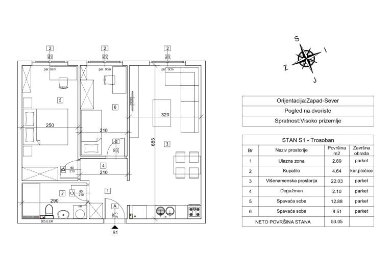 Nacrt stana S1 sa kotama – 53.05 m2 trosoban, Rada Neimara 29A, Drašković Invest