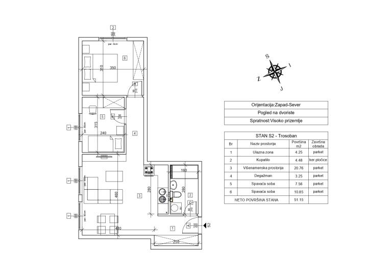 Nacrt stana S2 sa kotama – 51.15 m2 trosoban, Rada Neimara 29A, Drašković Invest