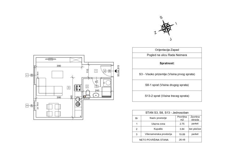 Nacrt stana sa kotama – 26.48 m2 jednosoban, Rada Neimara 29A, Drašković Invest