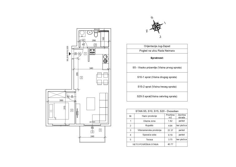 Nacrt stana sa kotama – 40.77 m2 dvosoban, Rada Neimara 29A, Drašković Invest