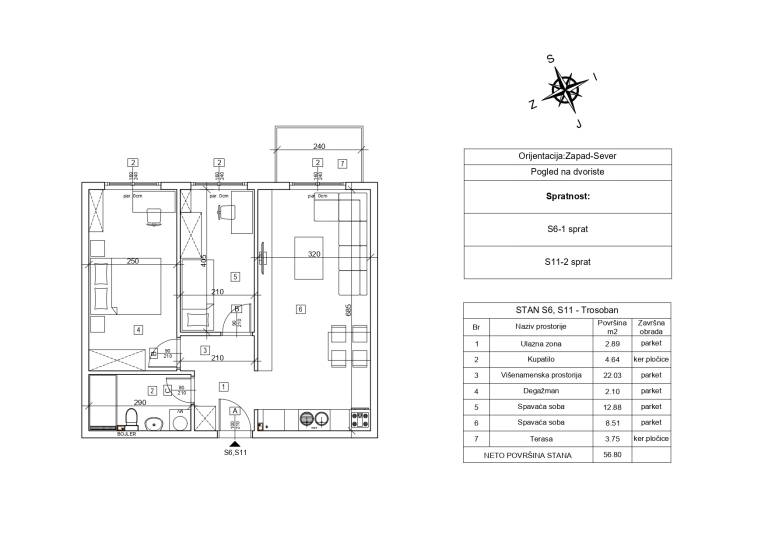 Nacrt stana sa kotama – 56.80 m2 trosoban, Rada Neimara 29A, Drašković Invest