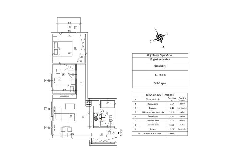 Nacrt stana sa kotama – 54.66 m2 trosoban, Rada Neimara 29A, Drašković Invest