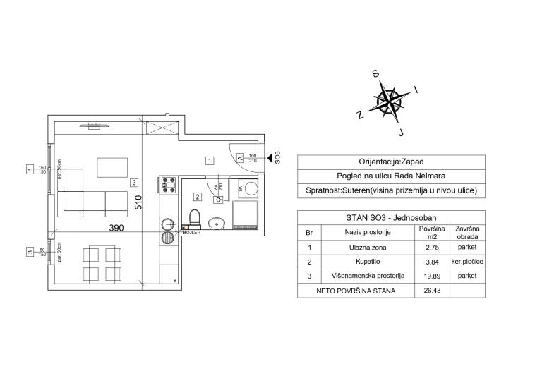 Nacrt stana SO3 sa kotama – 26.48 m2 jednosoban, Rada Neimara 29A, Drašković Invest