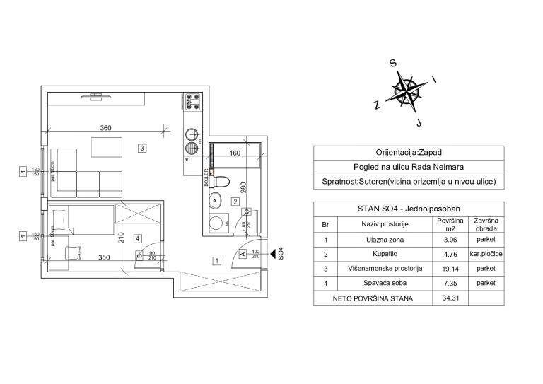 Nacrt stana SO4 sa kotama – 34.31 m2 jednoiposoban, Rada Neimara 29A, Drašković Invest
