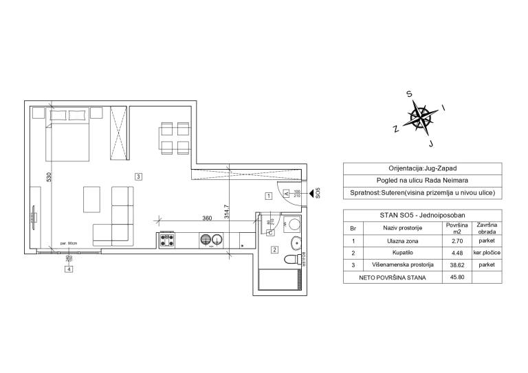 Nacrt stana SO5 sa kotama – 45.80 m2 jednoiposoban, Rada Neimara 29A, Drašković Invest